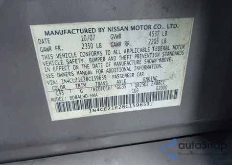 2008 Nissan Altima Hybrid z USA, uszkodzony, nr VIN 1N4CL21E28C159659